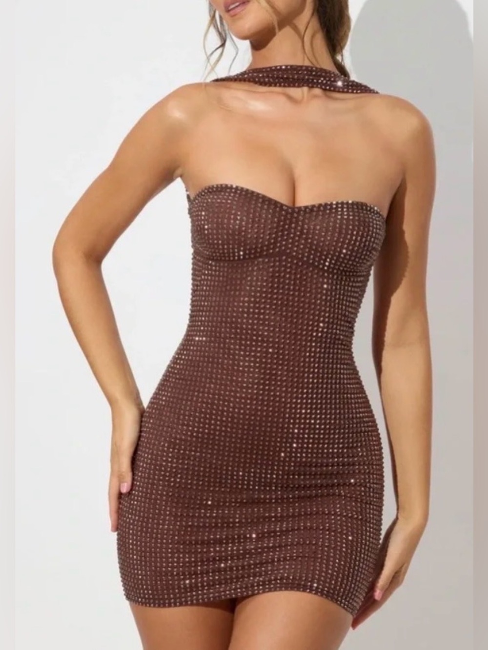 NWT Oh Polly Embellished Low Back Neck Strap Mini Dress in Espresso Brown 14